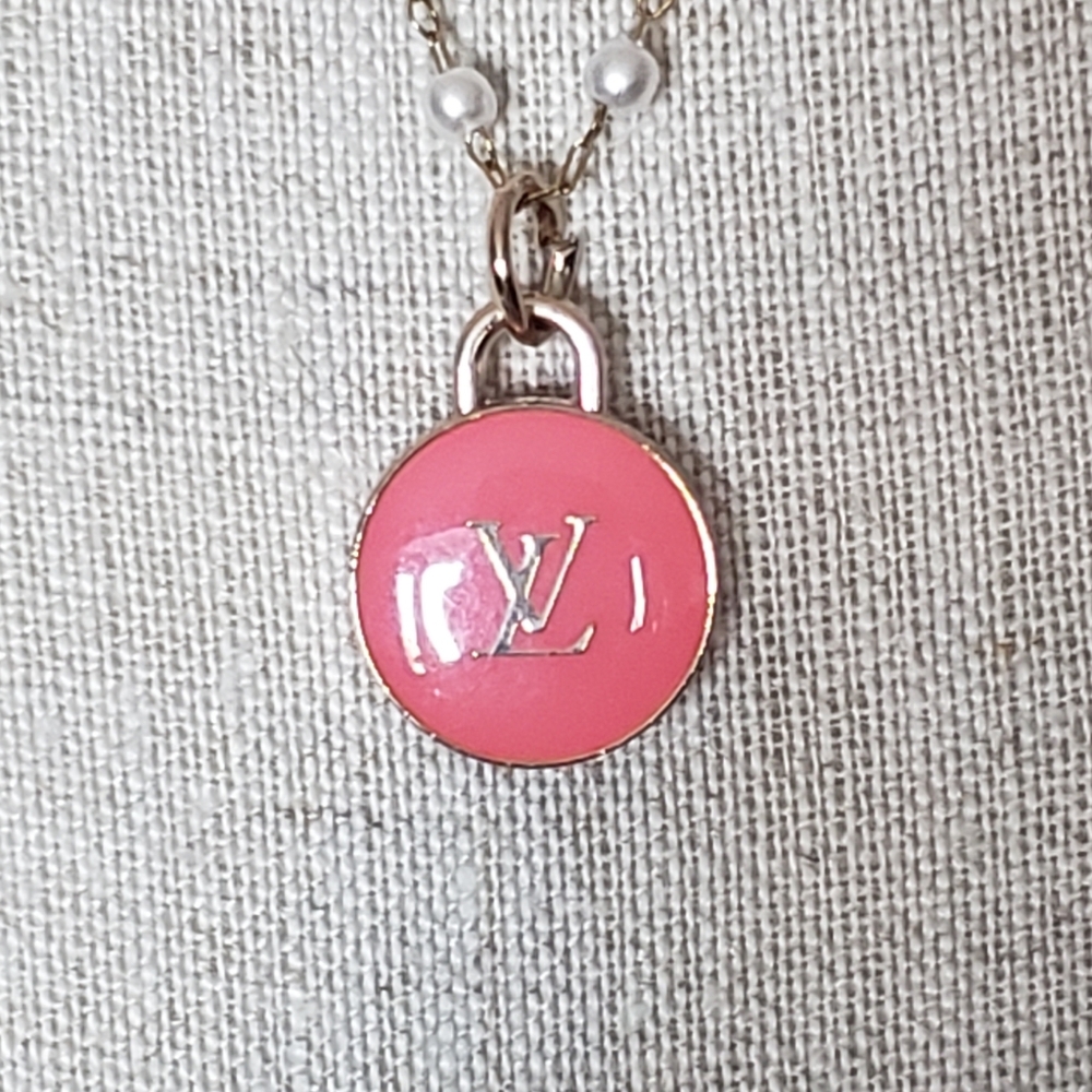 VINTAGE Louis Vuitto pink Logo & gold filled seed pearl necklace